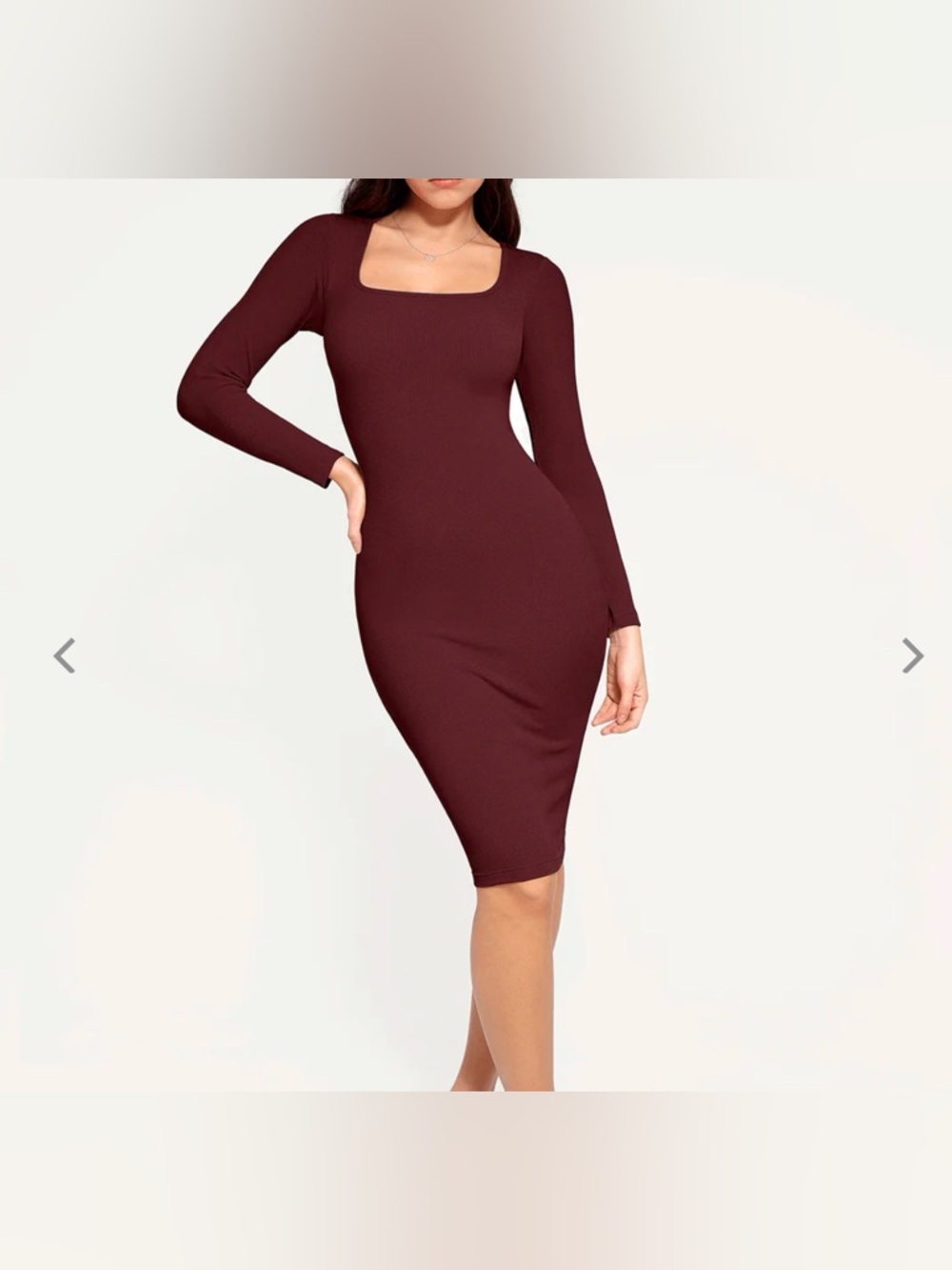 popilush shapewear ribbed Long Sleeve square neck dress in Burgundy MEDIUM NEW
